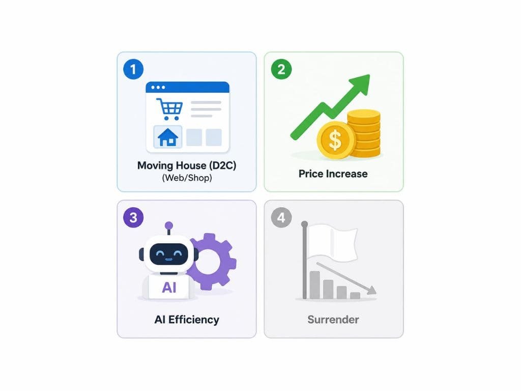 Matriks 4 opsi strategi bisnis UMKM menghadapi kenaikan komisi e-commerce: bangun website, naikkan harga, gunakan AI, atau pasrah.