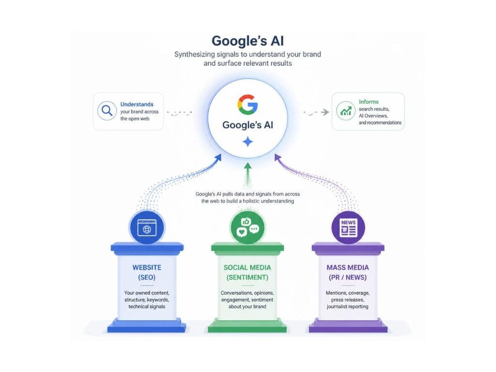 Cara kerja sistem AI Overview dari Google yang menilai otoritas website secara holistik melalui media sosial dan pemberitaan PR.